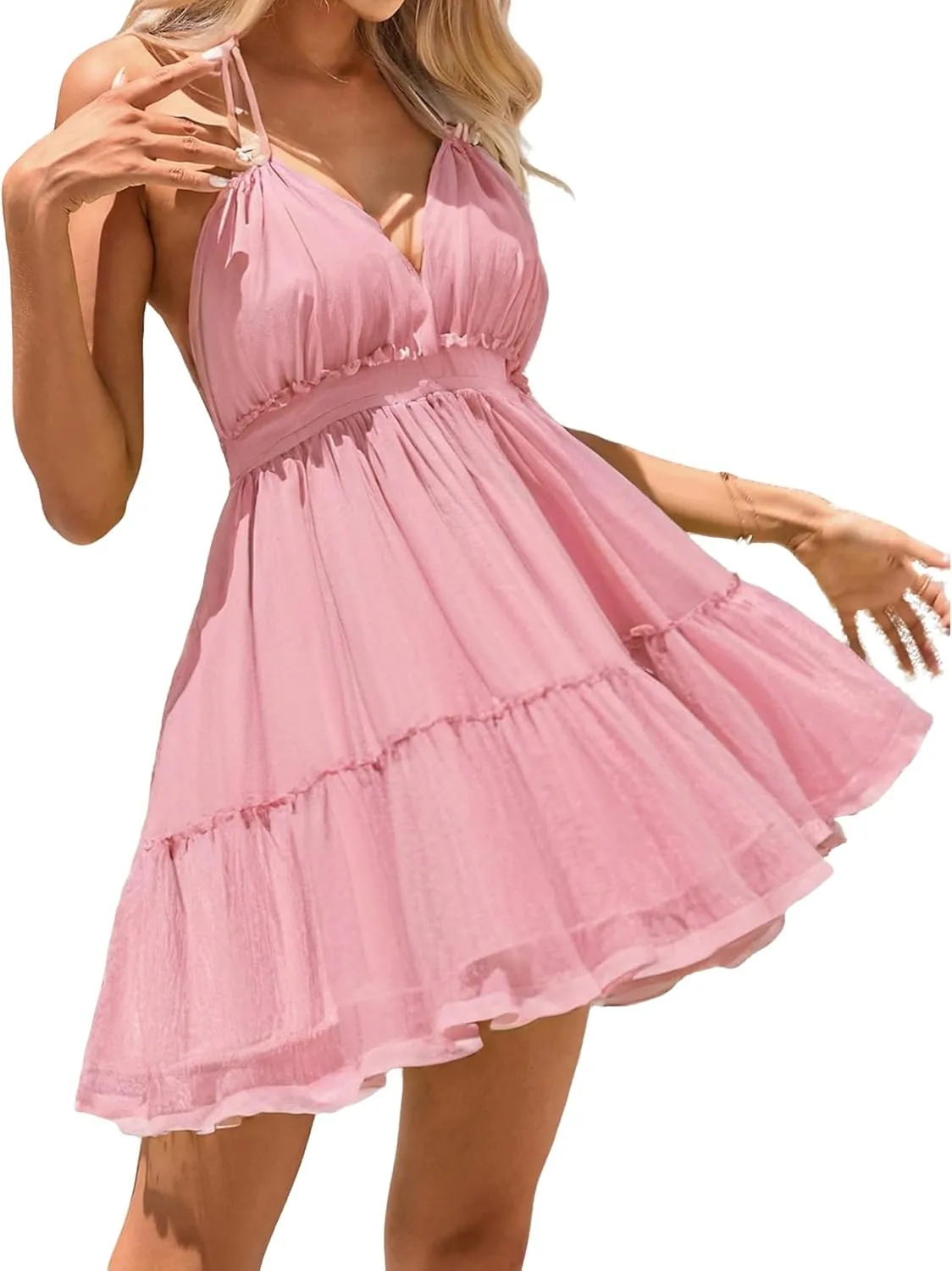 ForeMode Summer Deep V Neck Bohemian Women Mini Short Dress Backless Beach Boho Dress