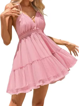 ForeMode Summer Deep V Neck Bohemian Women Mini Short Dress Backless Beach Boho Dress