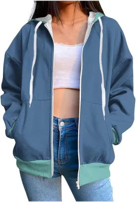 HGps8w Women's Colorblock Casual Drawstring Zip Up Hoodie Sweatshirt Loose Long Sleeve Hooded Jackets Outwear with Pockets