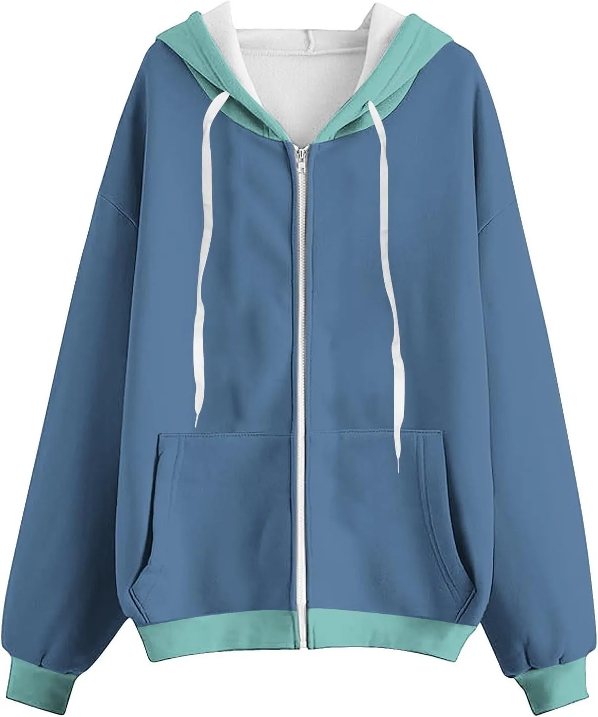 HGps8w Women's Colorblock Casual Drawstring Zip Up Hoodie Sweatshirt Loose Long Sleeve Hooded Jackets Outwear with Pockets