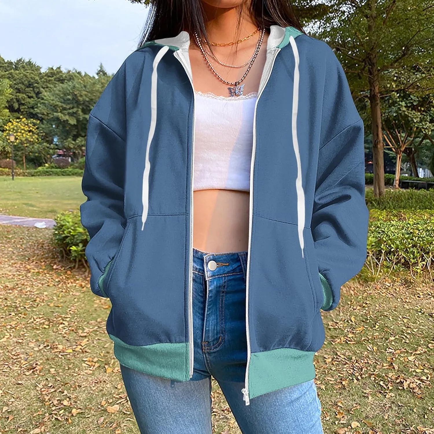 HGps8w Women's Colorblock Casual Drawstring Zip Up Hoodie Sweatshirt Loose Long Sleeve Hooded Jackets Outwear with Pockets