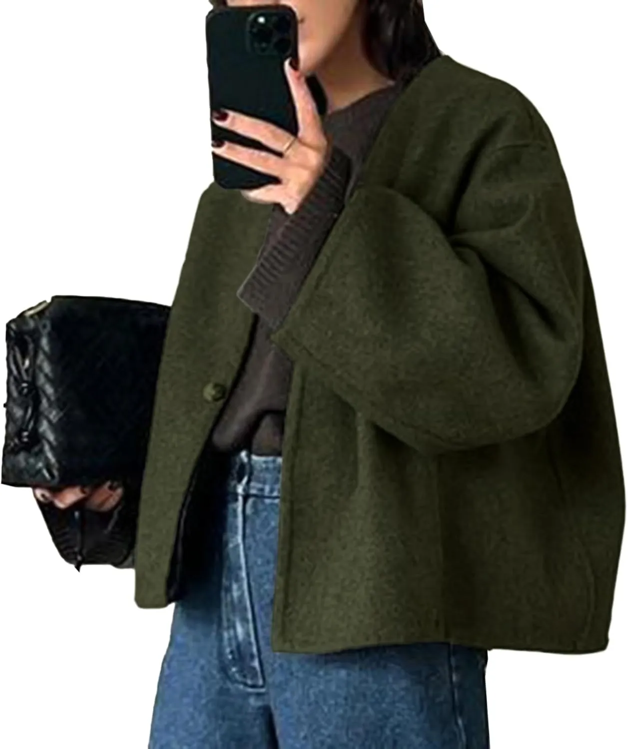 HOTIAN Women Plus Size Cropped Wool Blend Coats Long Sleeve Coat Jacket Peacoat Fall Winter Outwear Overcoat