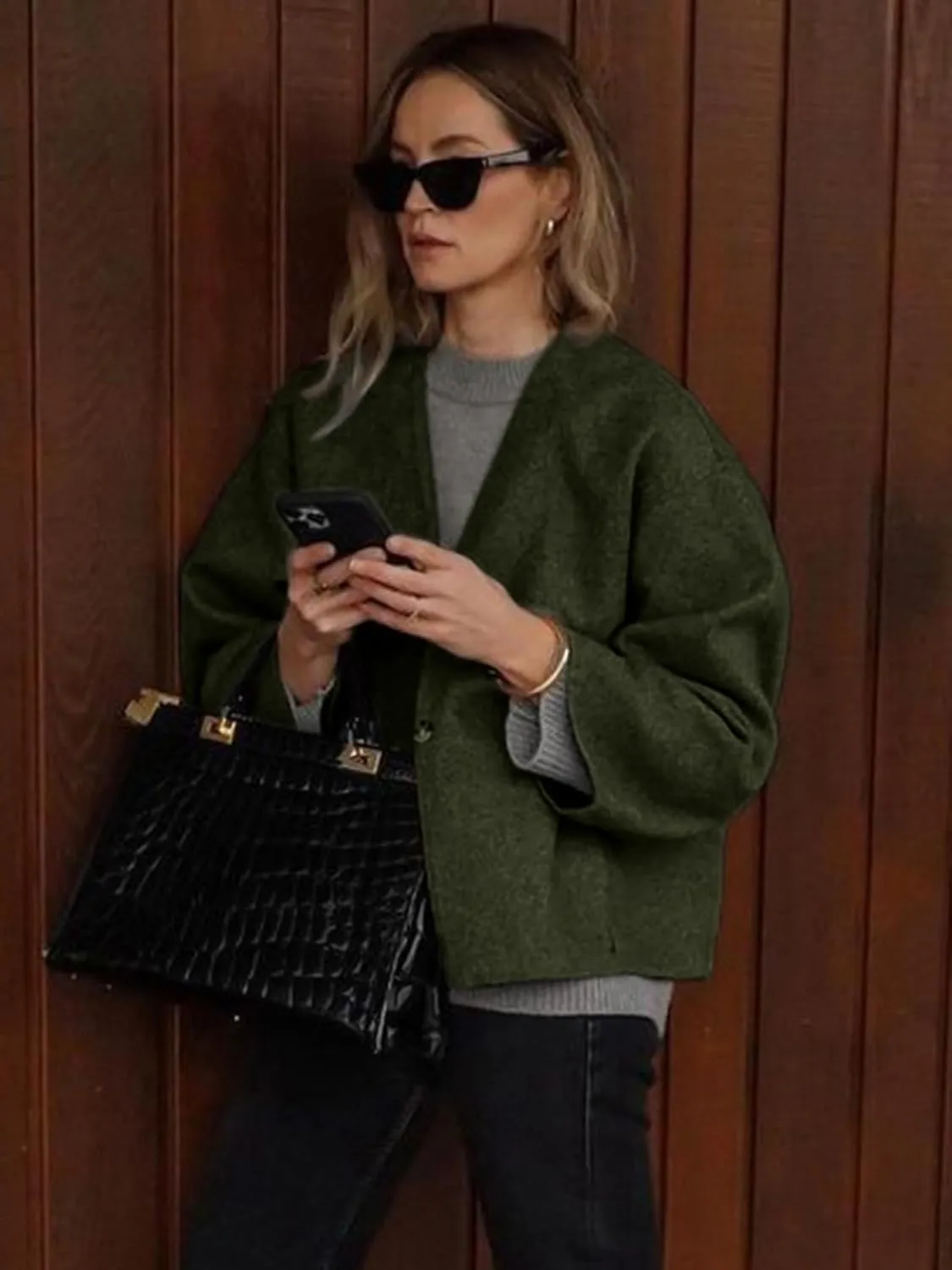 HOTIAN Women Plus Size Cropped Wool Blend Coats Long Sleeve Coat Jacket Peacoat Fall Winter Outwear Overcoat