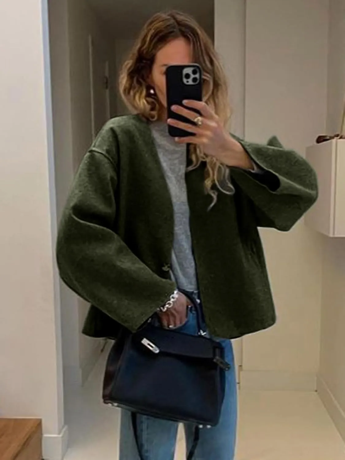 HOTIAN Women Plus Size Cropped Wool Blend Coats Long Sleeve Coat Jacket Peacoat Fall Winter Outwear Overcoat