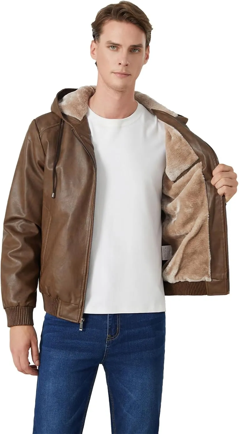 INVACHI Men's Leather Jacket PU Bomber Motorcycle Jacket with Fleece Lined Hood Windproof Winter Coat