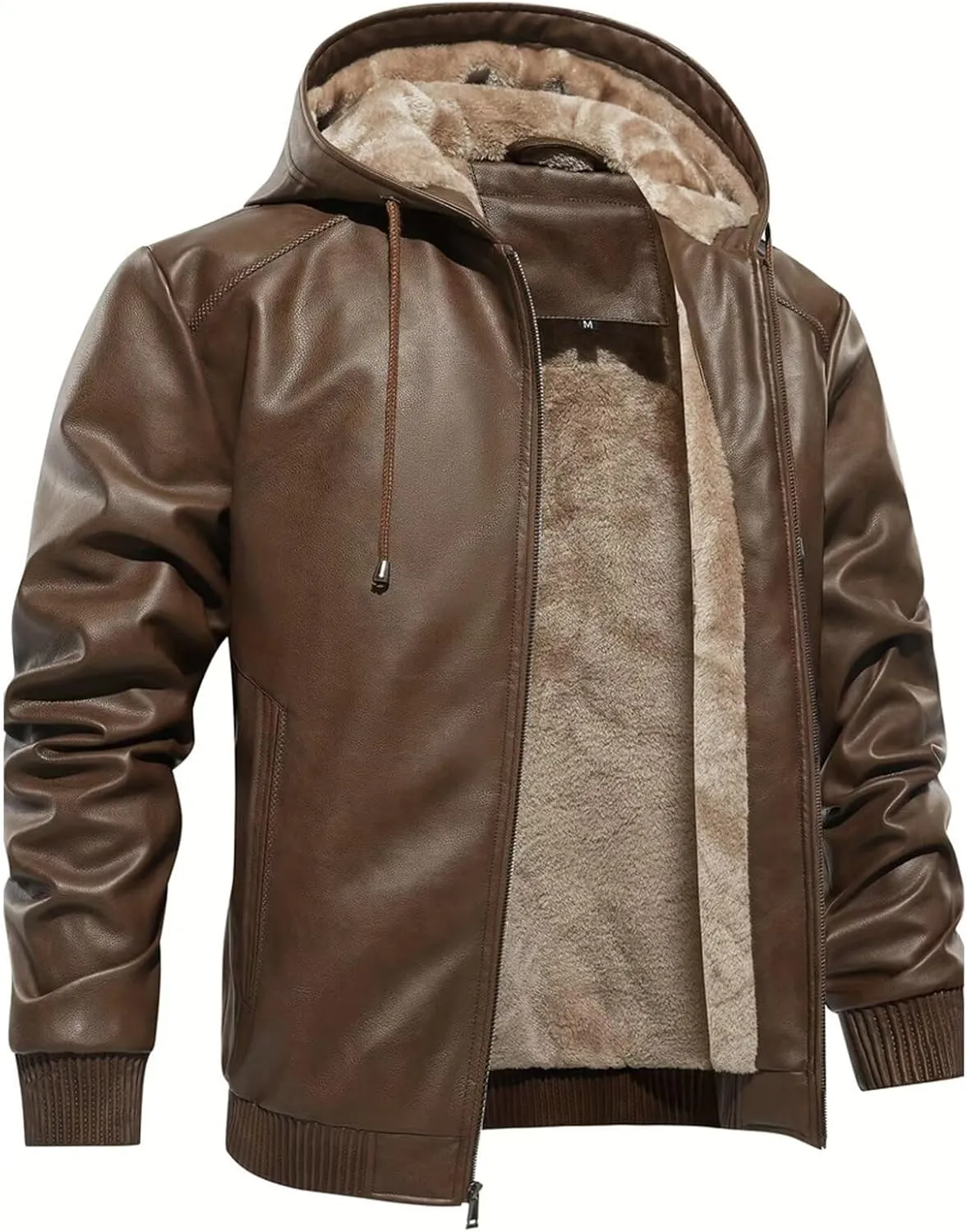 INVACHI Men's Leather Jacket PU Bomber Motorcycle Jacket with Fleece Lined Hood Windproof Winter Coat