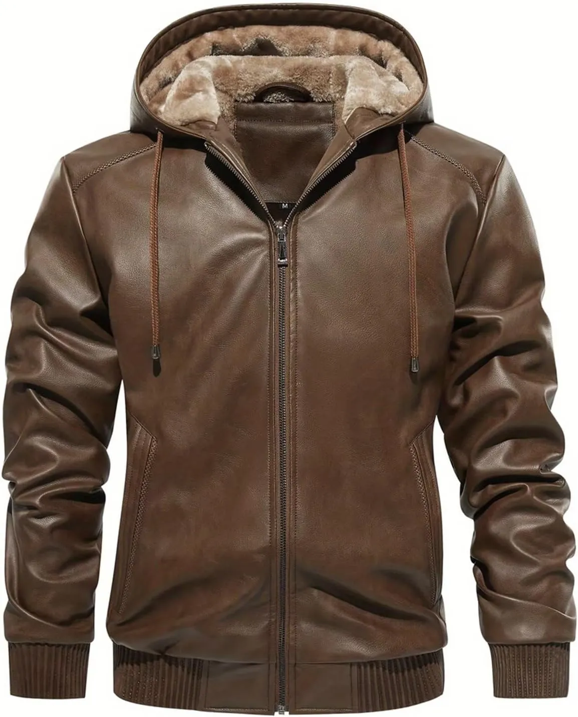INVACHI Men's Leather Jacket PU Bomber Motorcycle Jacket with Fleece Lined Hood Windproof Winter Coat