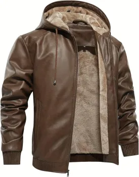 INVACHI Men's Leather Jacket PU Bomber Motorcycle Jacket with Fleece Lined Hood Windproof Winter Coat