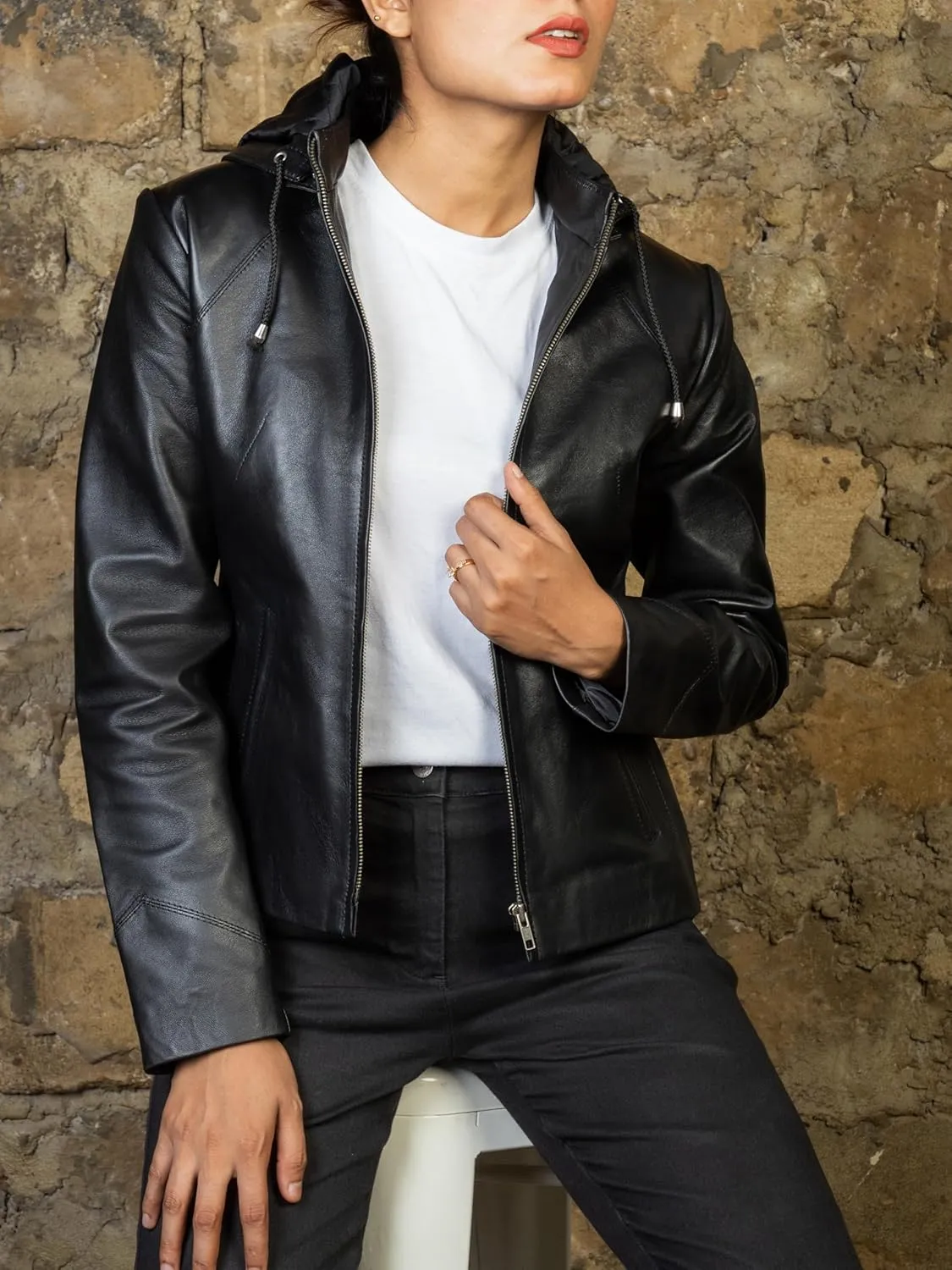 Jild Real Leather Jacket Women with Removable Leather Hood - Slim Fit Design Ladies Biker Motorcycle Jacket