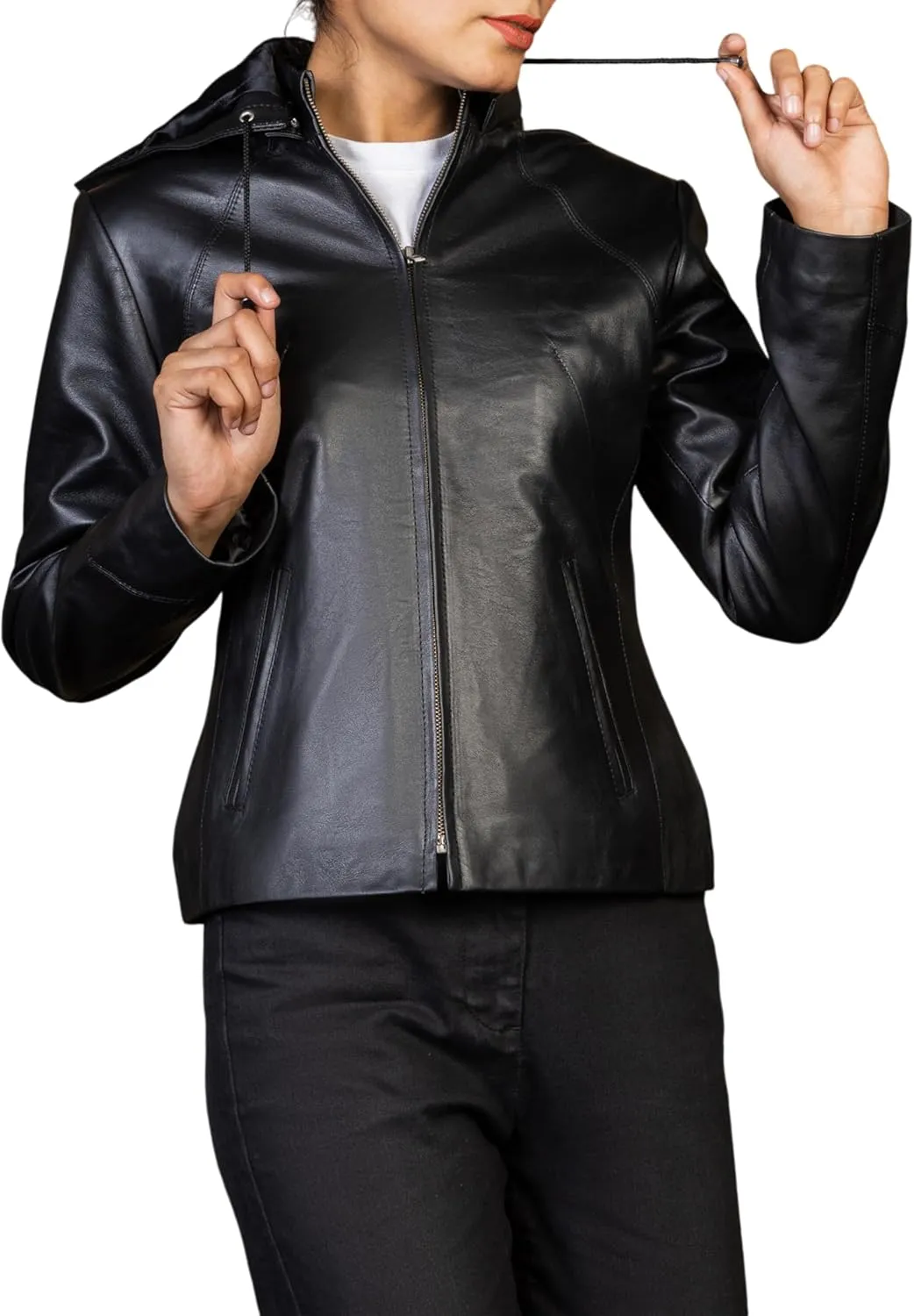 Jild Real Leather Jacket Women with Removable Leather Hood - Slim Fit Design Ladies Biker Motorcycle Jacket
