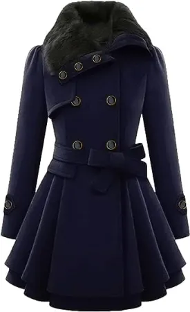 KELYWELL Womens Lapel Faux Fur Collar Jacket Double Breasted Wool Blend Trench Coat Long Trench Swing Coat with Belt