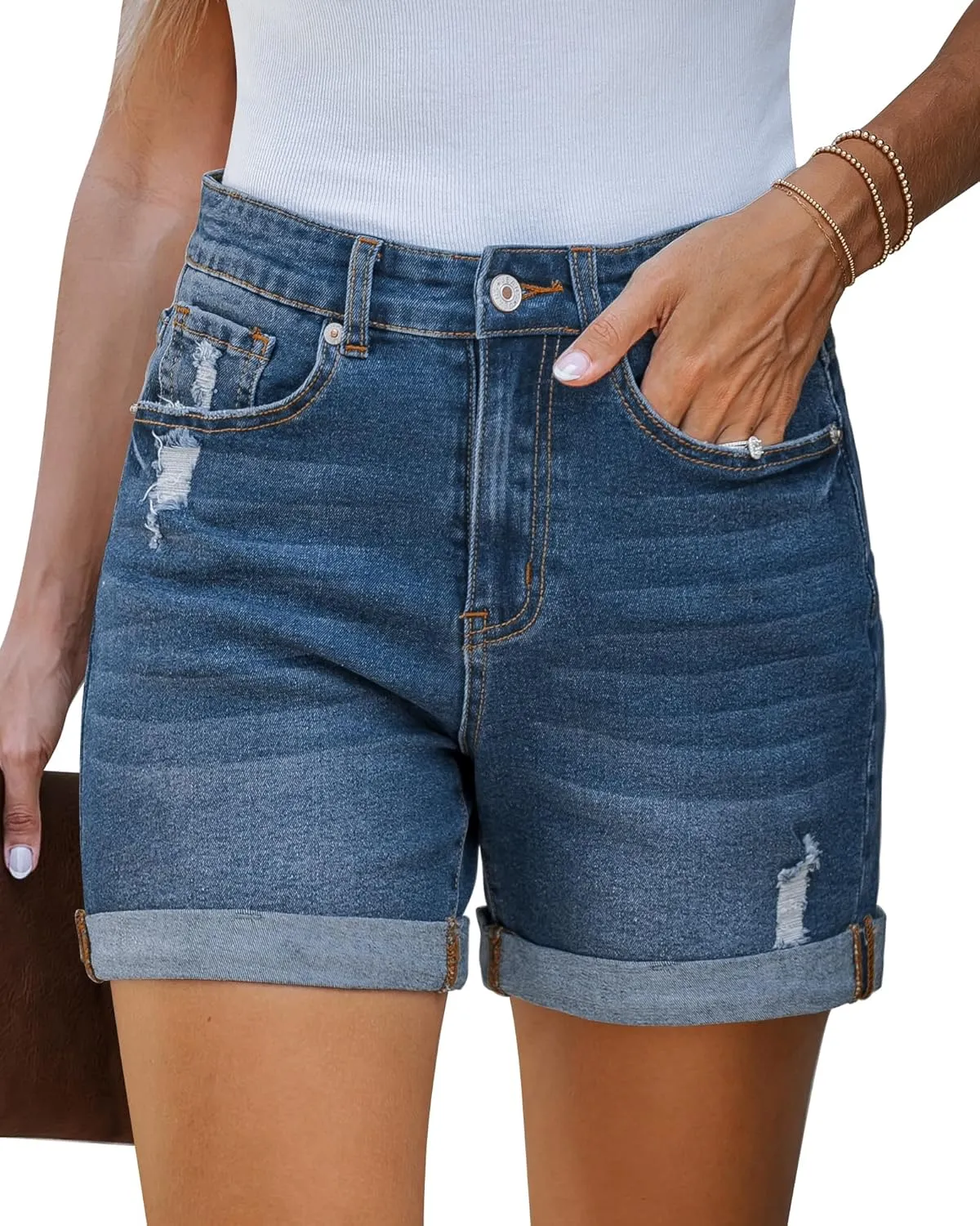 LookbookStore Jean Shorts Womens Stretchy High Waisted Ripped Denim Shorts with Pockets Trendy Distressed Cut Off Shorts