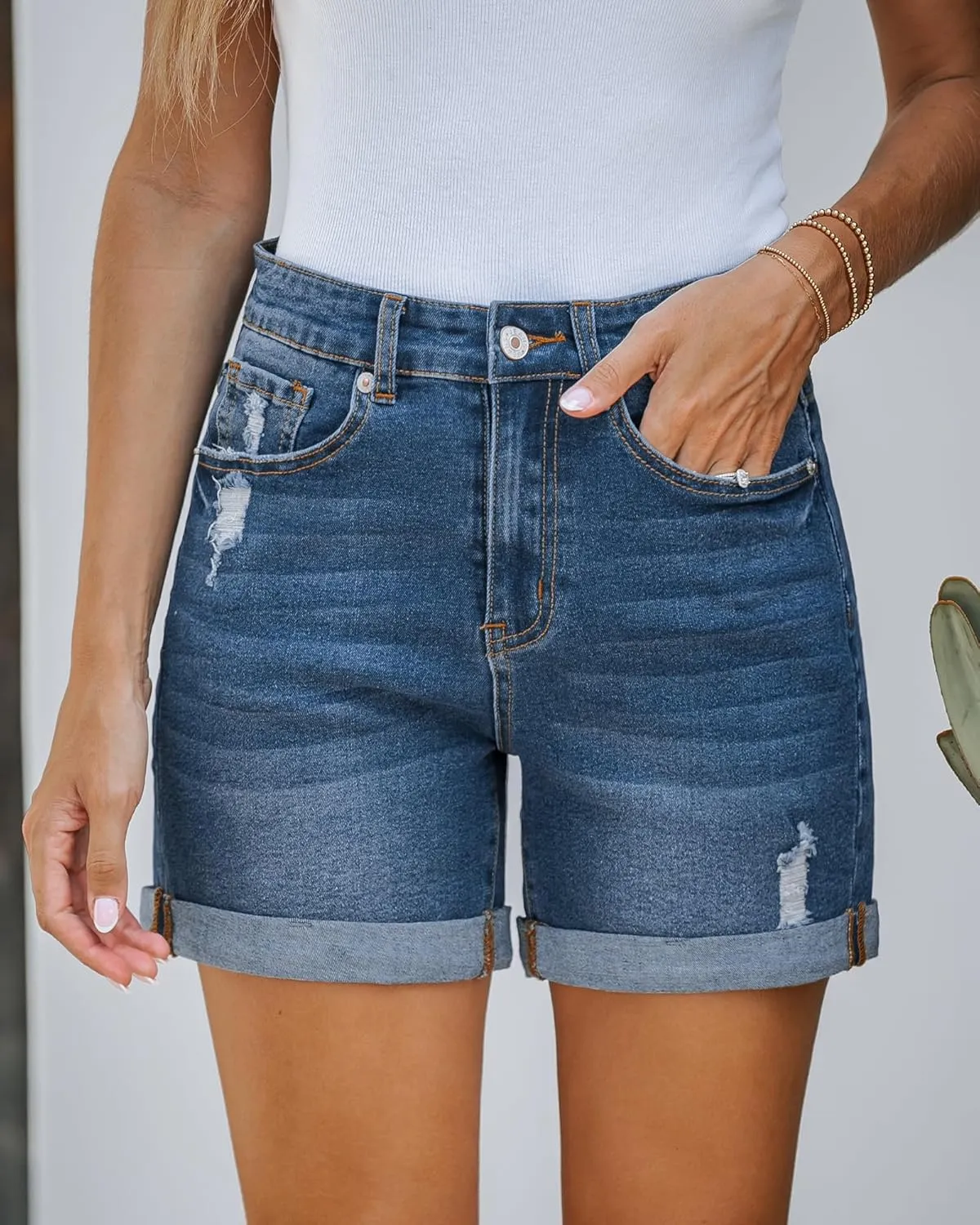 LookbookStore Jean Shorts Womens Stretchy High Waisted Ripped Denim Shorts with Pockets Trendy Distressed Cut Off Shorts