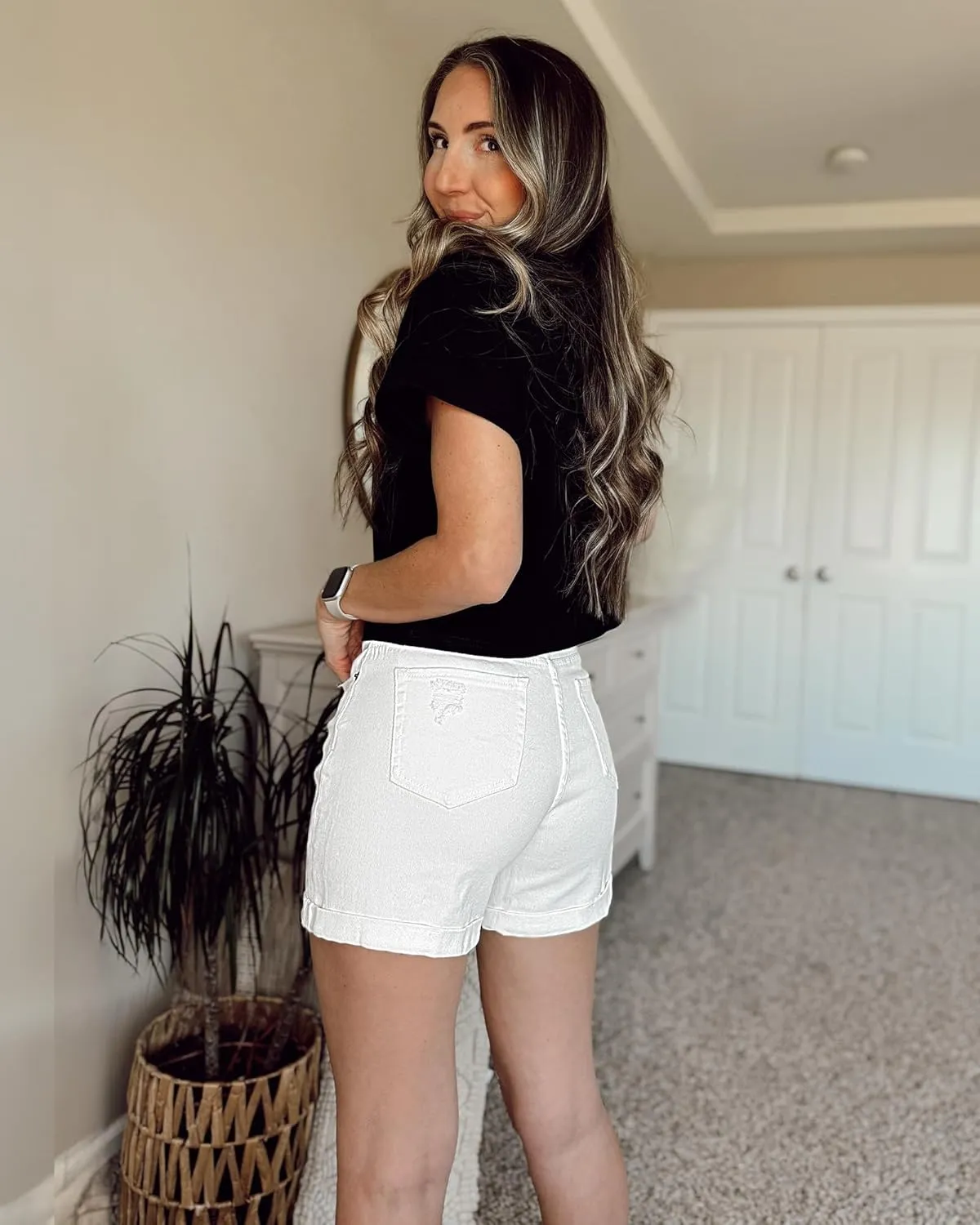 LookbookStore Jean Shorts Womens Stretchy High Waisted Ripped Denim Shorts with Pockets Trendy Distressed Cut Off Shorts