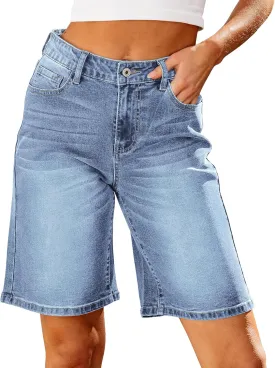 luvamia Bermuda Jean Shorts for Women High Waisted Trendy Stretchy Denim Shorts Knee Length Cutoff Loose Fit Long Shorts