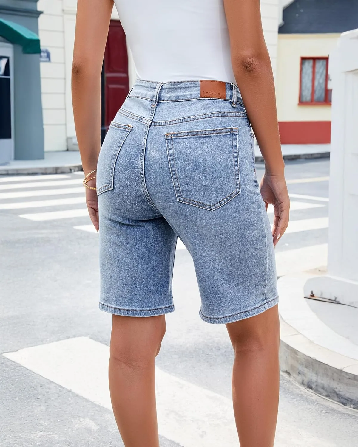 luvamia Bermuda Jean Shorts for Women High Waisted Trendy Stretchy Denim Shorts Knee Length Cutoff Loose Fit Long Shorts