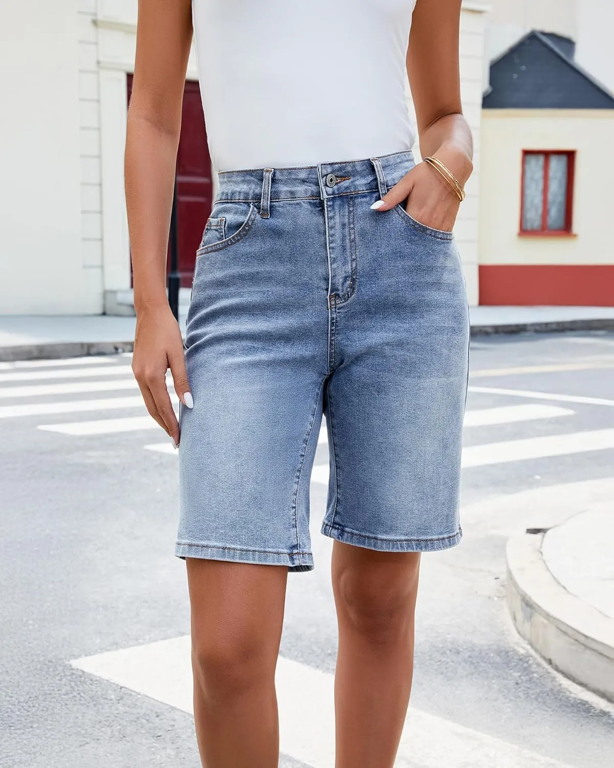luvamia Bermuda Jean Shorts for Women High Waisted Trendy Stretchy Denim Shorts Knee Length Cutoff Loose Fit Long Shorts