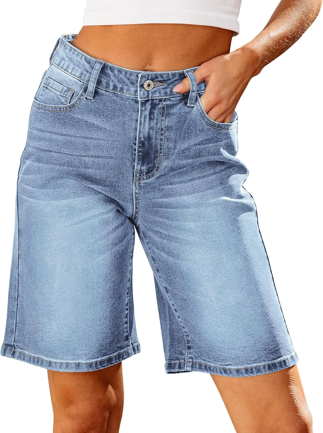 luvamia Bermuda Jean Shorts for Women High Waisted Trendy Stretchy Denim Shorts Knee Length Cutoff Loose Fit Long Shorts