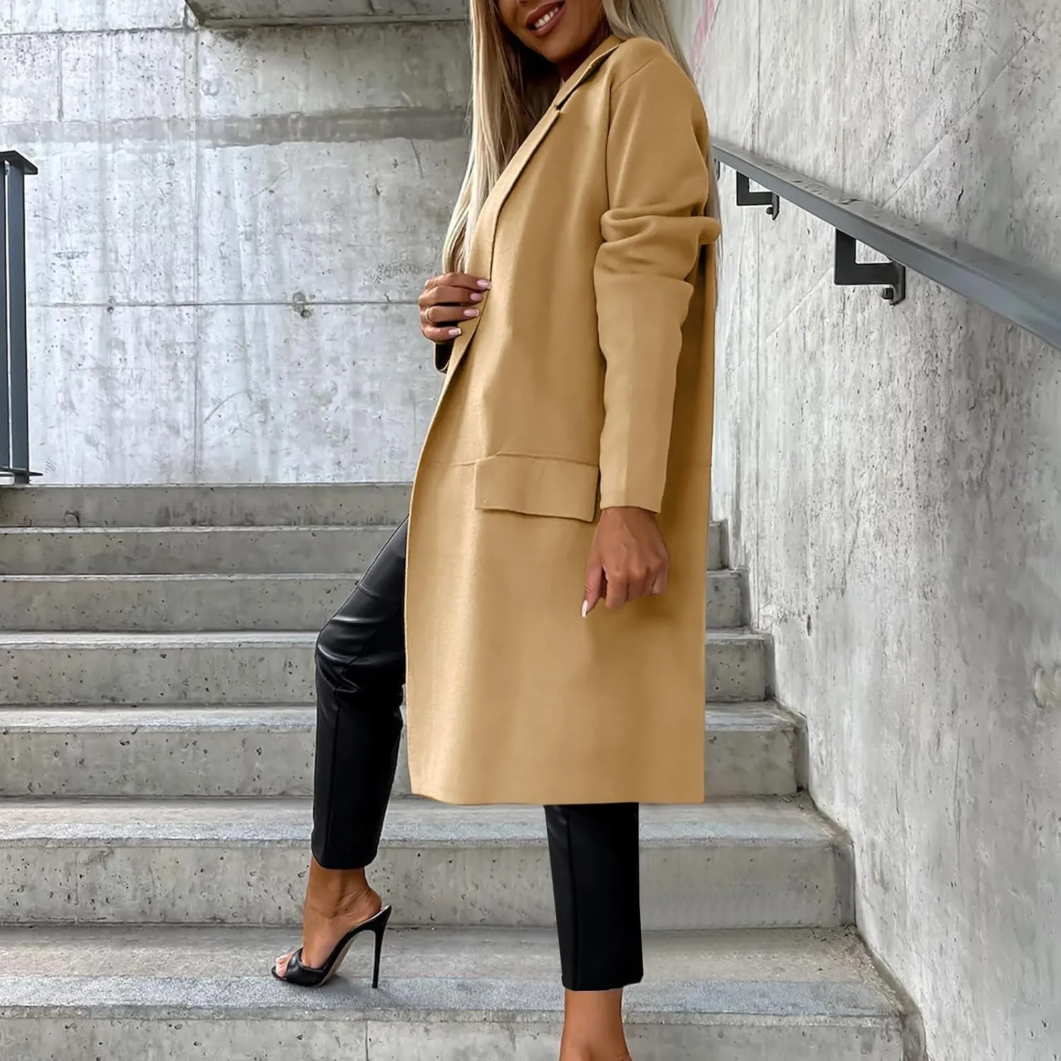 maisdgop Womens Trench Coat Fashion Long Sleeve Open Front Windbreaker Winter Warm Lapel Wool Blend Outerwear with Pockets