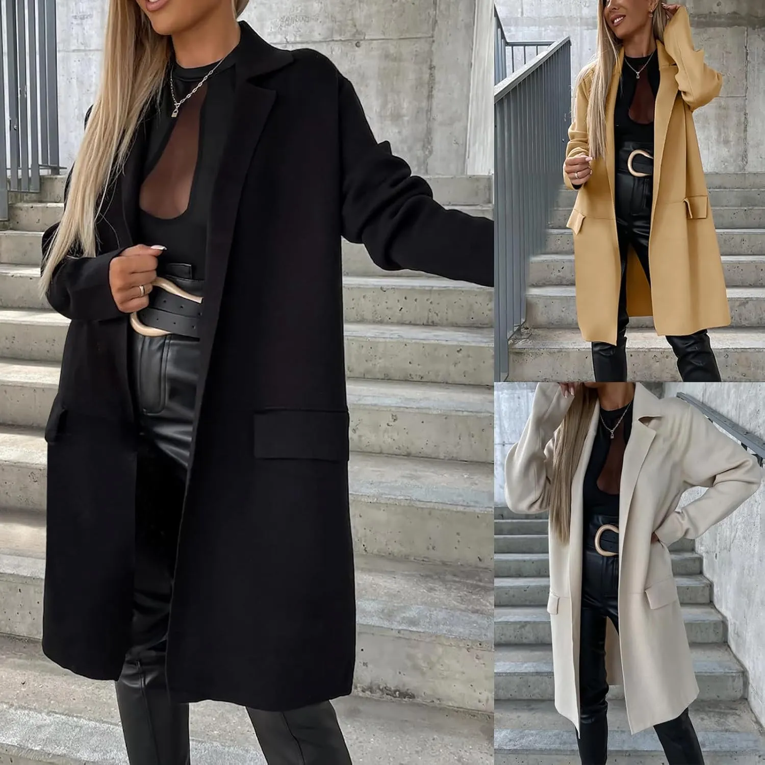 maisdgop Womens Trench Coat Fashion Long Sleeve Open Front Windbreaker Winter Warm Lapel Wool Blend Outerwear with Pockets