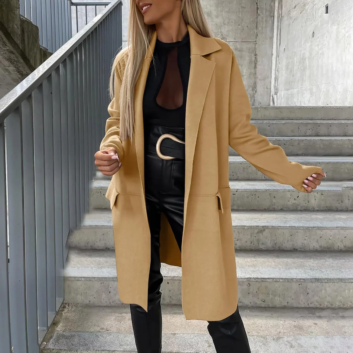 maisdgop Womens Trench Coat Fashion Long Sleeve Open Front Windbreaker Winter Warm Lapel Wool Blend Outerwear with Pockets