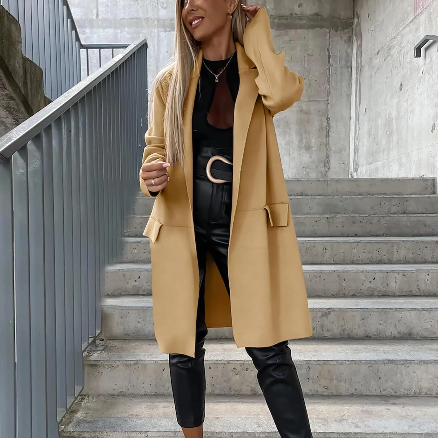 maisdgop Womens Trench Coat Fashion Long Sleeve Open Front Windbreaker Winter Warm Lapel Wool Blend Outerwear with Pockets