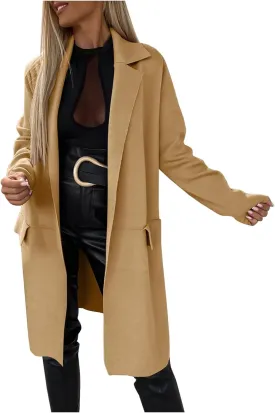 maisdgop Womens Trench Coat Fashion Long Sleeve Open Front Windbreaker Winter Warm Lapel Wool Blend Outerwear with Pockets