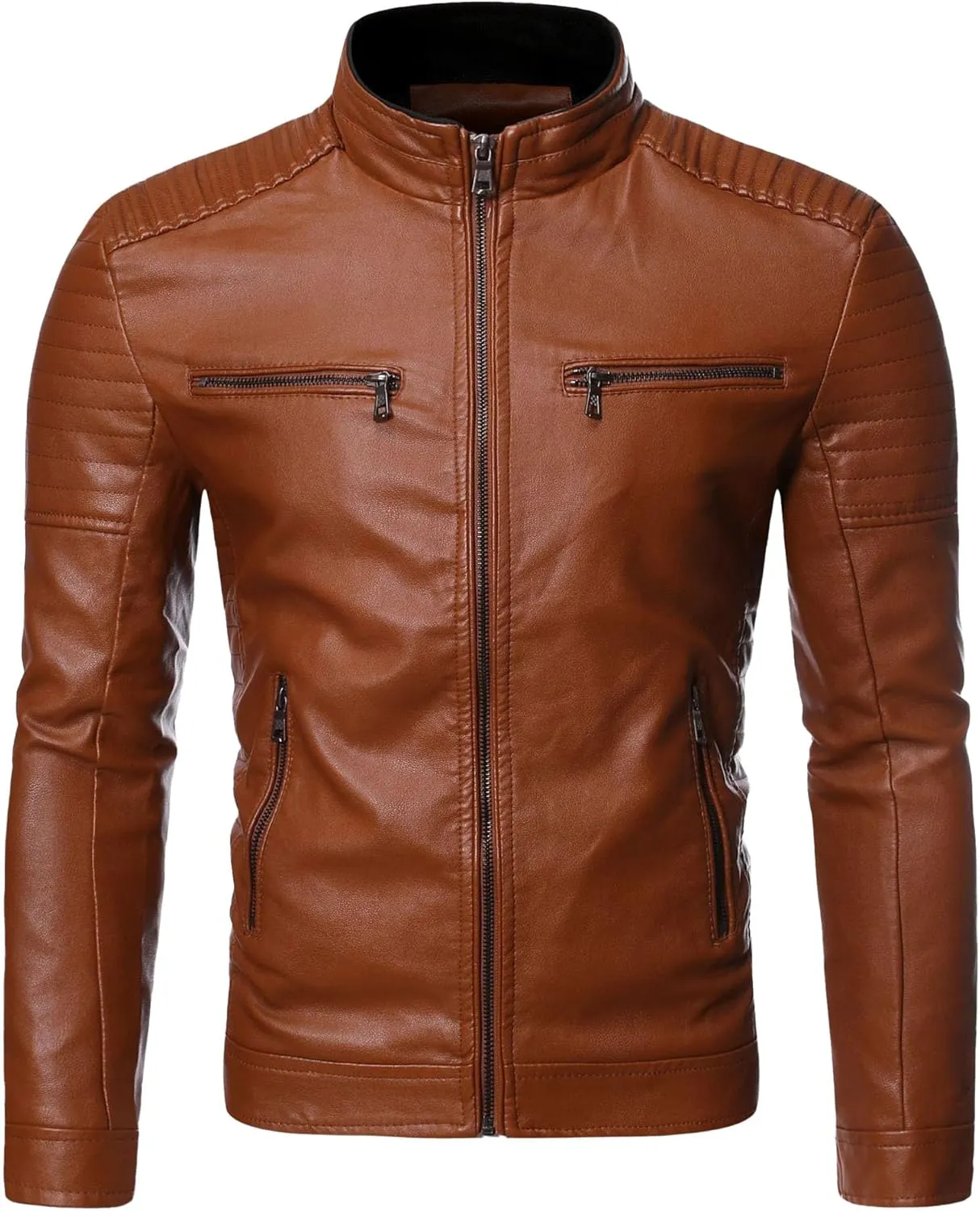 Maiyifu-GJ Men's Faux Leather Motorcycle Jacket Vintage Stand Collar Leather Jacket Lightweight Zip-Up Slim Fit Biker Coat
