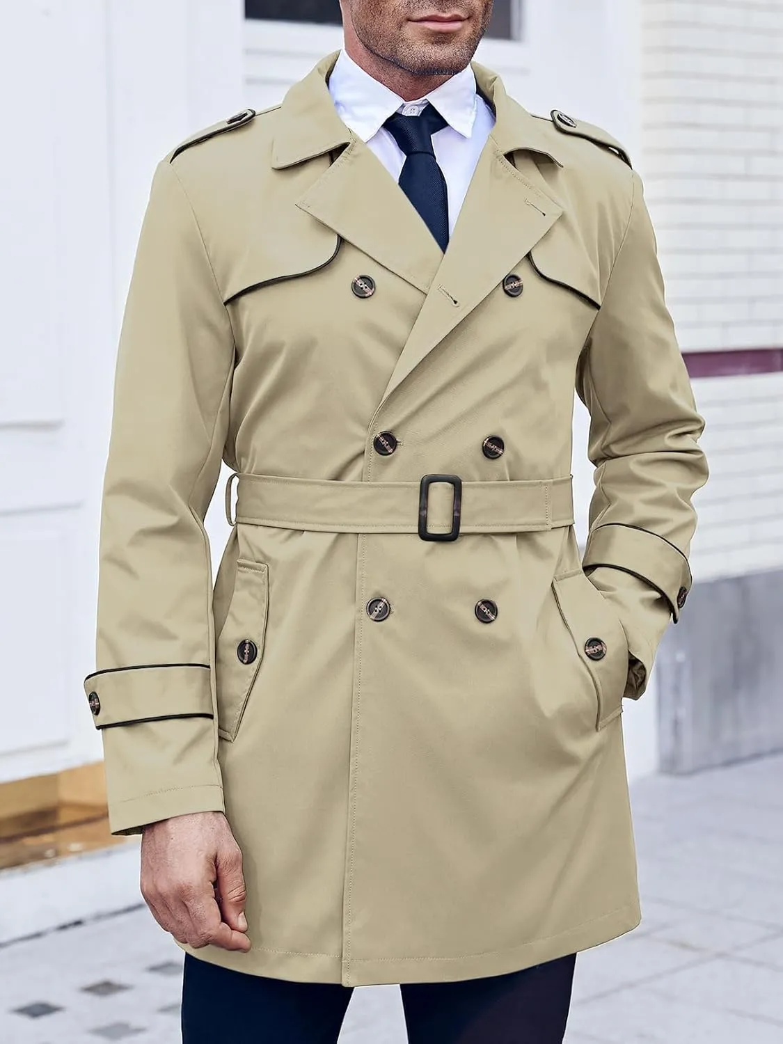 Makkrom Men's Trench Coat Slim fit Double Breasted Notched Lapel Belted Windbreaker Long Jacket Casual Windproof Overcoat