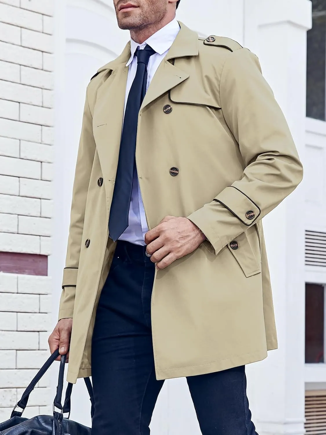 Makkrom Men's Trench Coat Slim fit Double Breasted Notched Lapel Belted Windbreaker Long Jacket Casual Windproof Overcoat