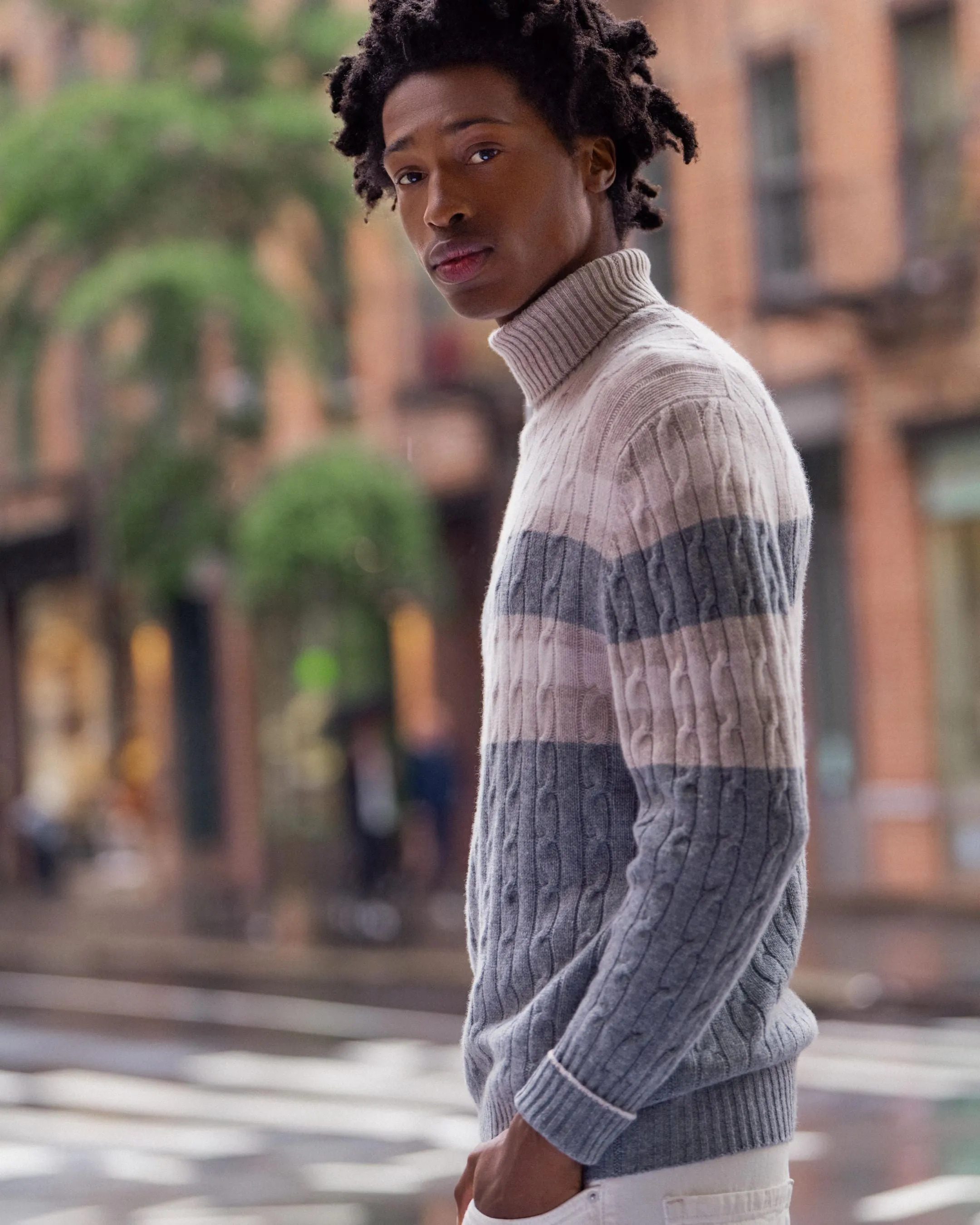 Men's Berwick Stripe Roll Neck Cashmere Jumper Grey