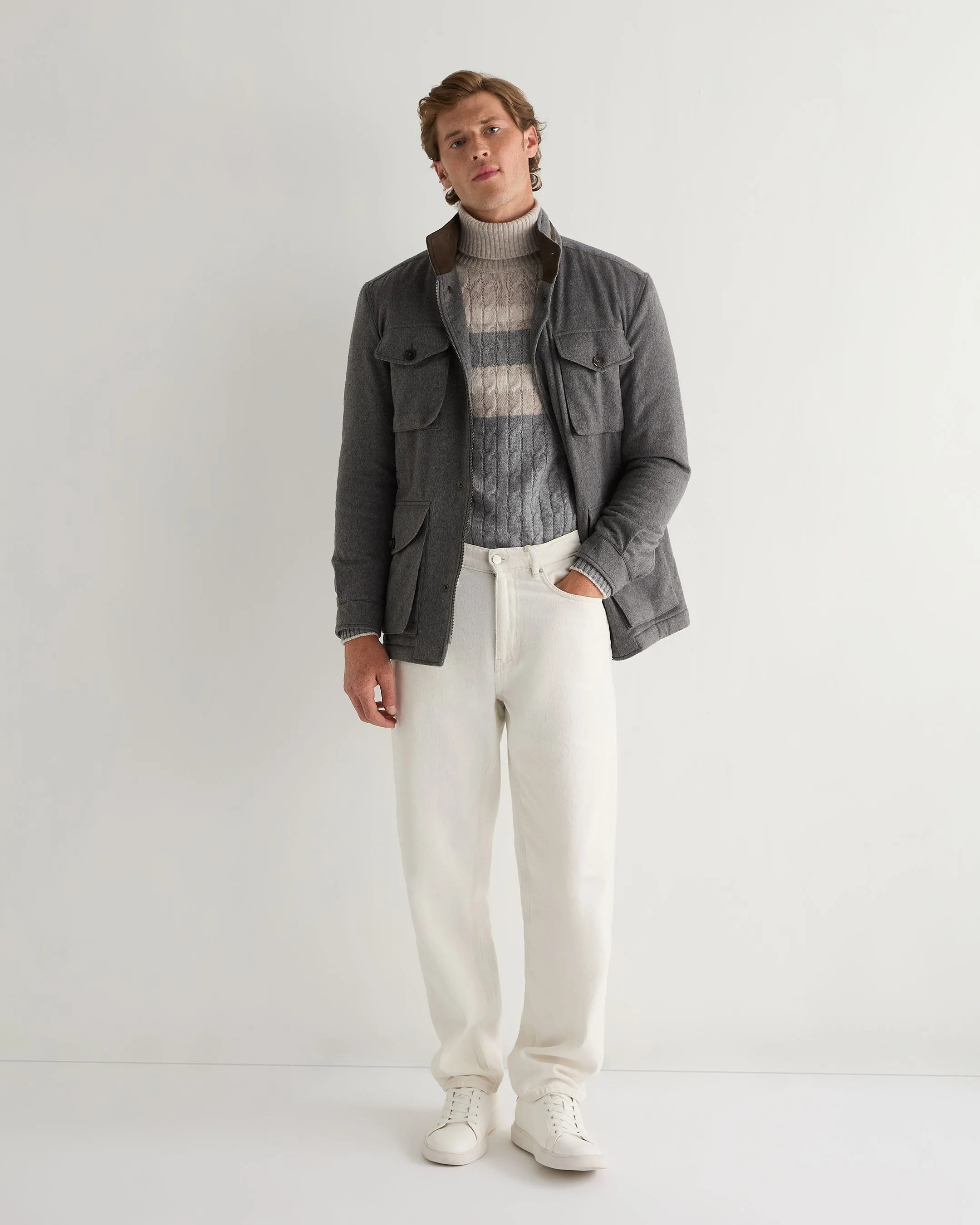 Men's Berwick Stripe Roll Neck Cashmere Jumper Grey