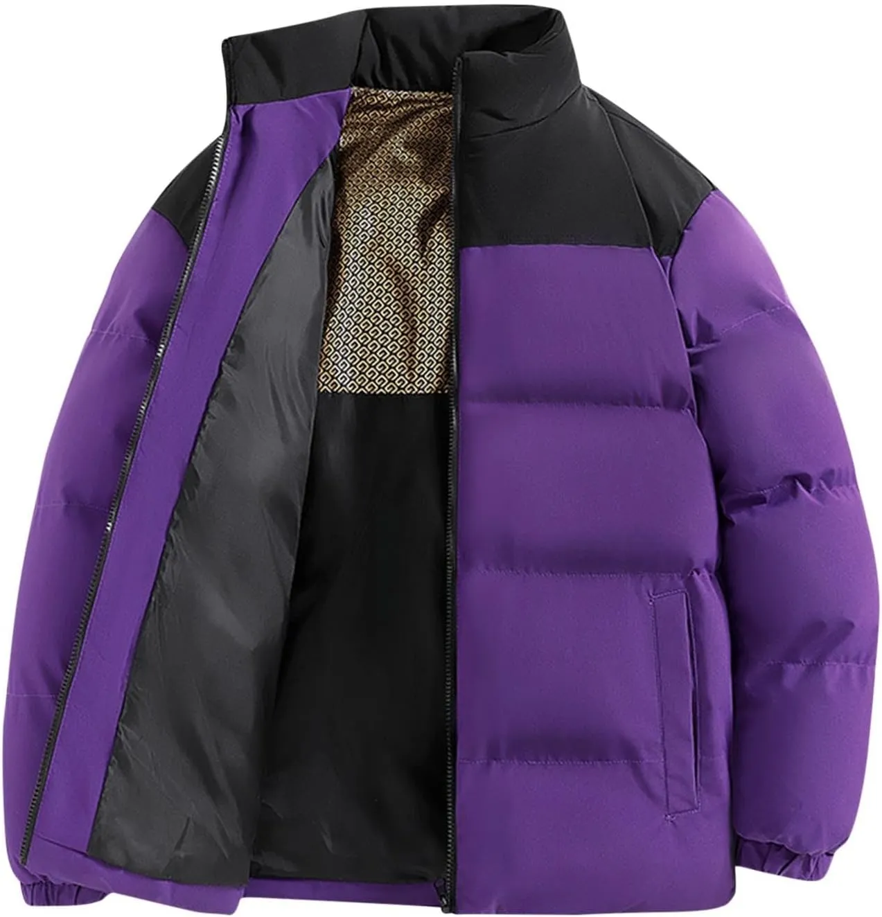 Men's Puffer Jacket Stand Collar Quilted Coat Plus Size Down Jacket Zip up Padded Coat Warm Winter Jacket with Pockets