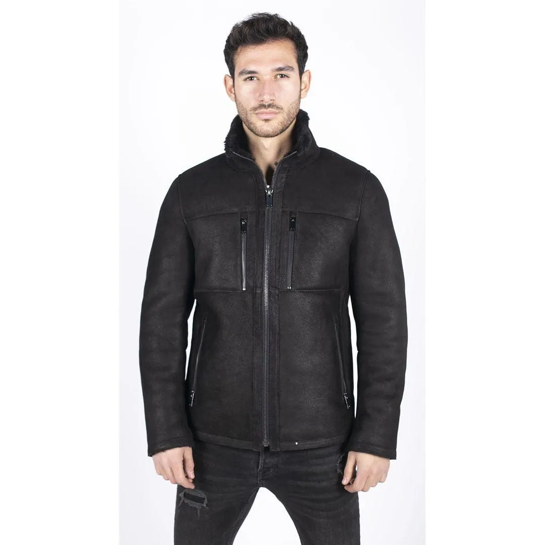 Mens Real Sheepskin Jacket Short Zipped Casual Retro Vintage Black Zipped