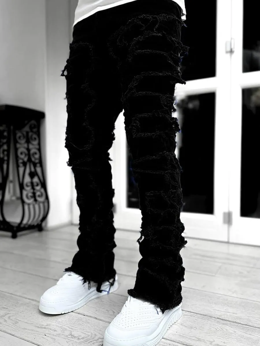 Mens Stacked Jeans Slim Fit Ripped Skinny Stretch Jeans Distressed Straight Denim Pants Hip Hop Trousers Streetwear