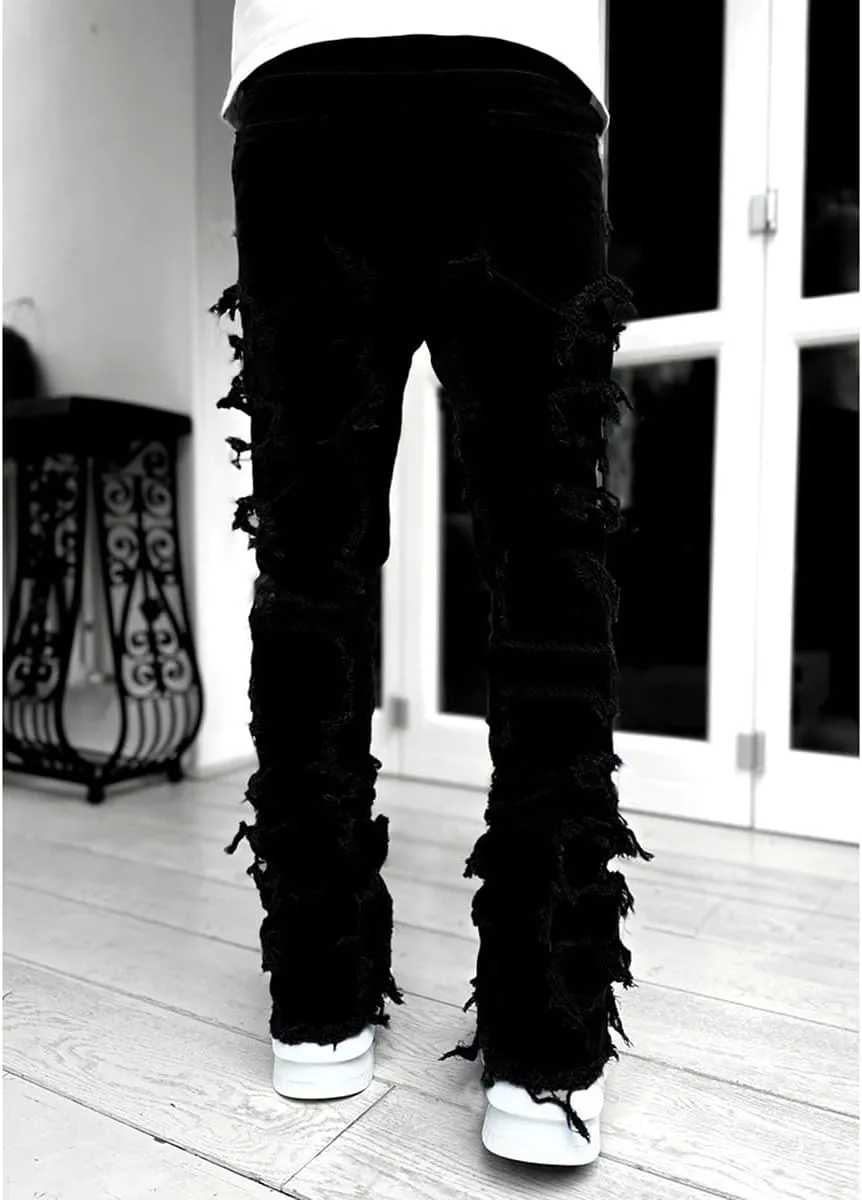 Mens Stacked Jeans Slim Fit Ripped Skinny Stretch Jeans Distressed Straight Denim Pants Hip Hop Trousers Streetwear