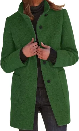 Mmoneyake Pea Coats for Women Single Breasted Stand Collar Casual Trench Coat Warm Winter Coats Wool Blazer Jacket Overcoat