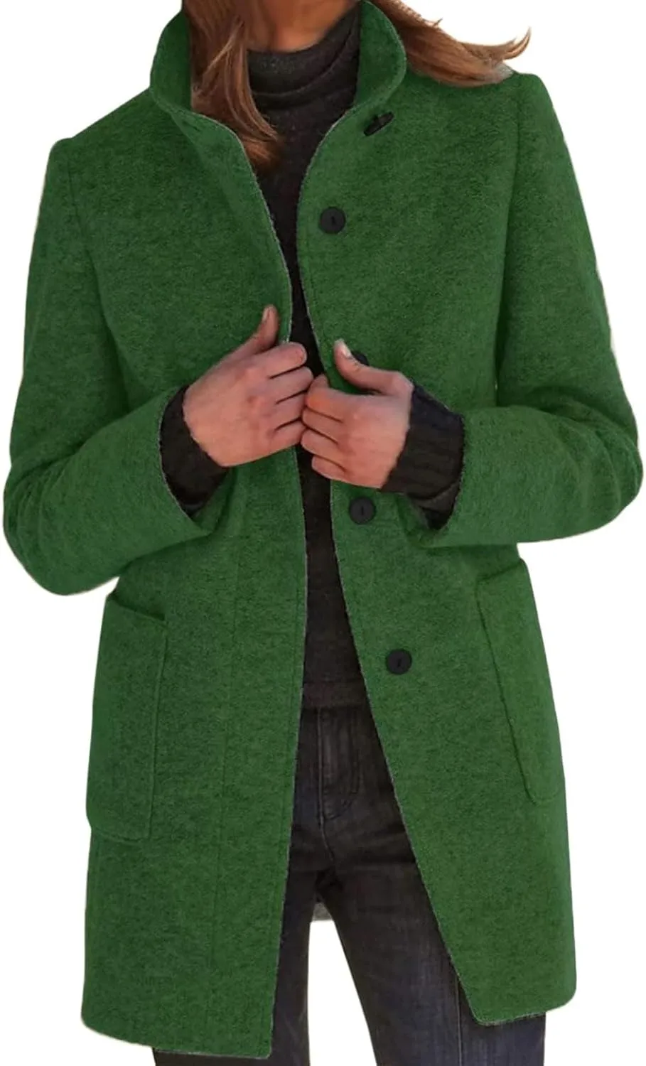 Mmoneyake Pea Coats for Women Single Breasted Stand Collar Casual Trench Coat Warm Winter Coats Wool Blazer Jacket Overcoat