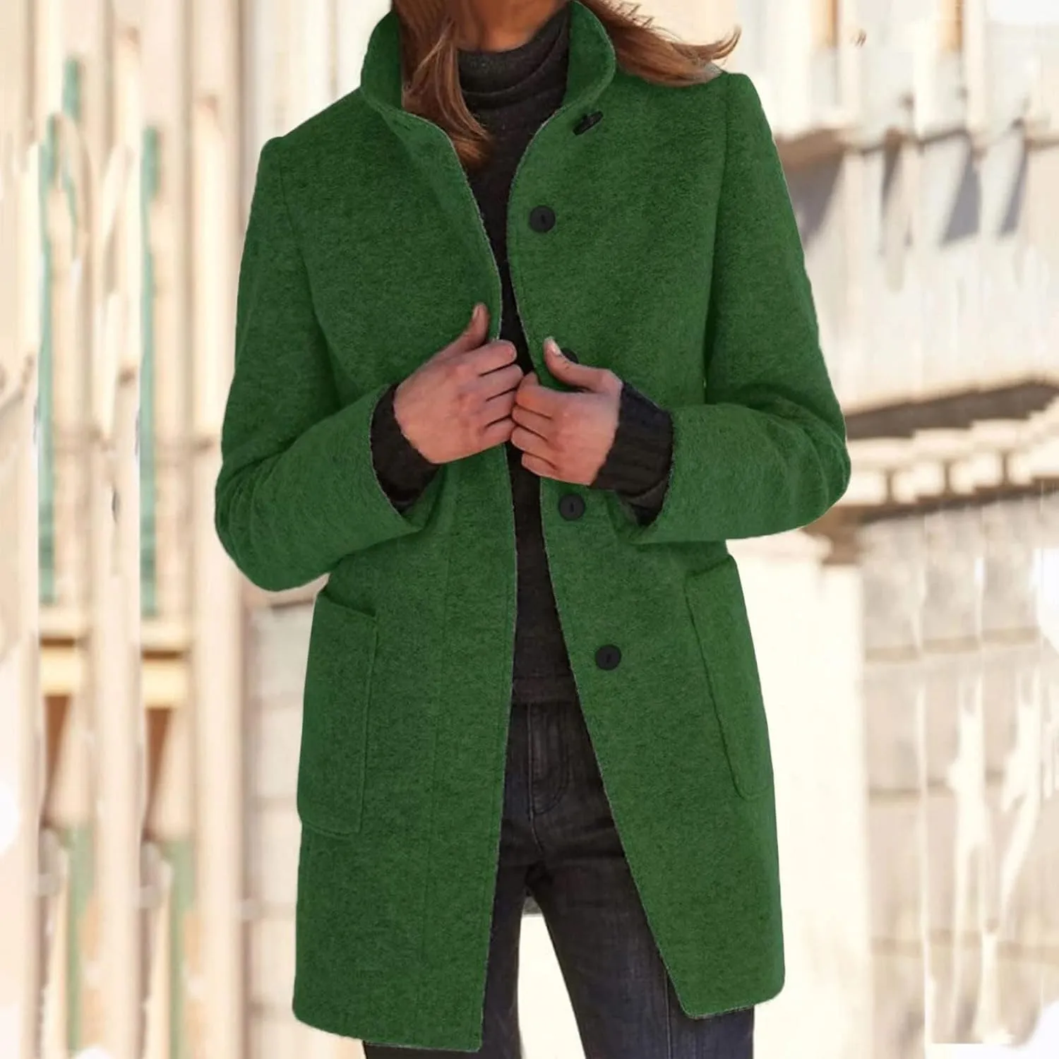 Mmoneyake Pea Coats for Women Single Breasted Stand Collar Casual Trench Coat Warm Winter Coats Wool Blazer Jacket Overcoat