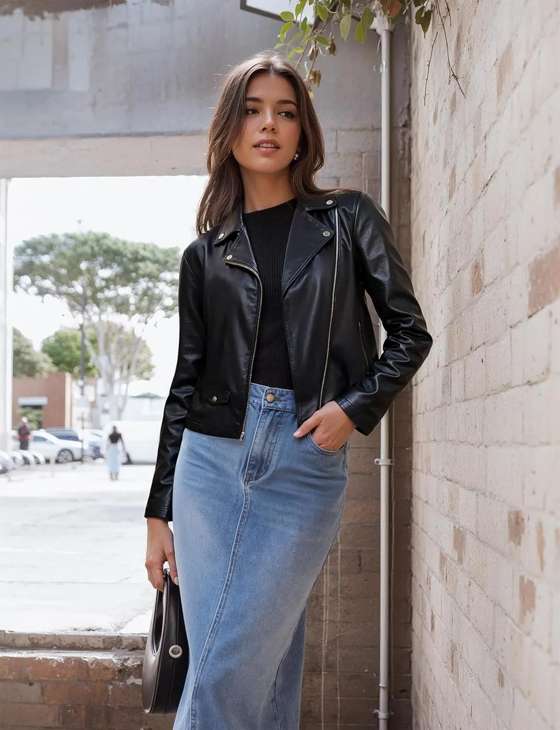 Olivia Miller Women's Faux Leather Moto Biker Jacket Long Sleeve Zip Jacket