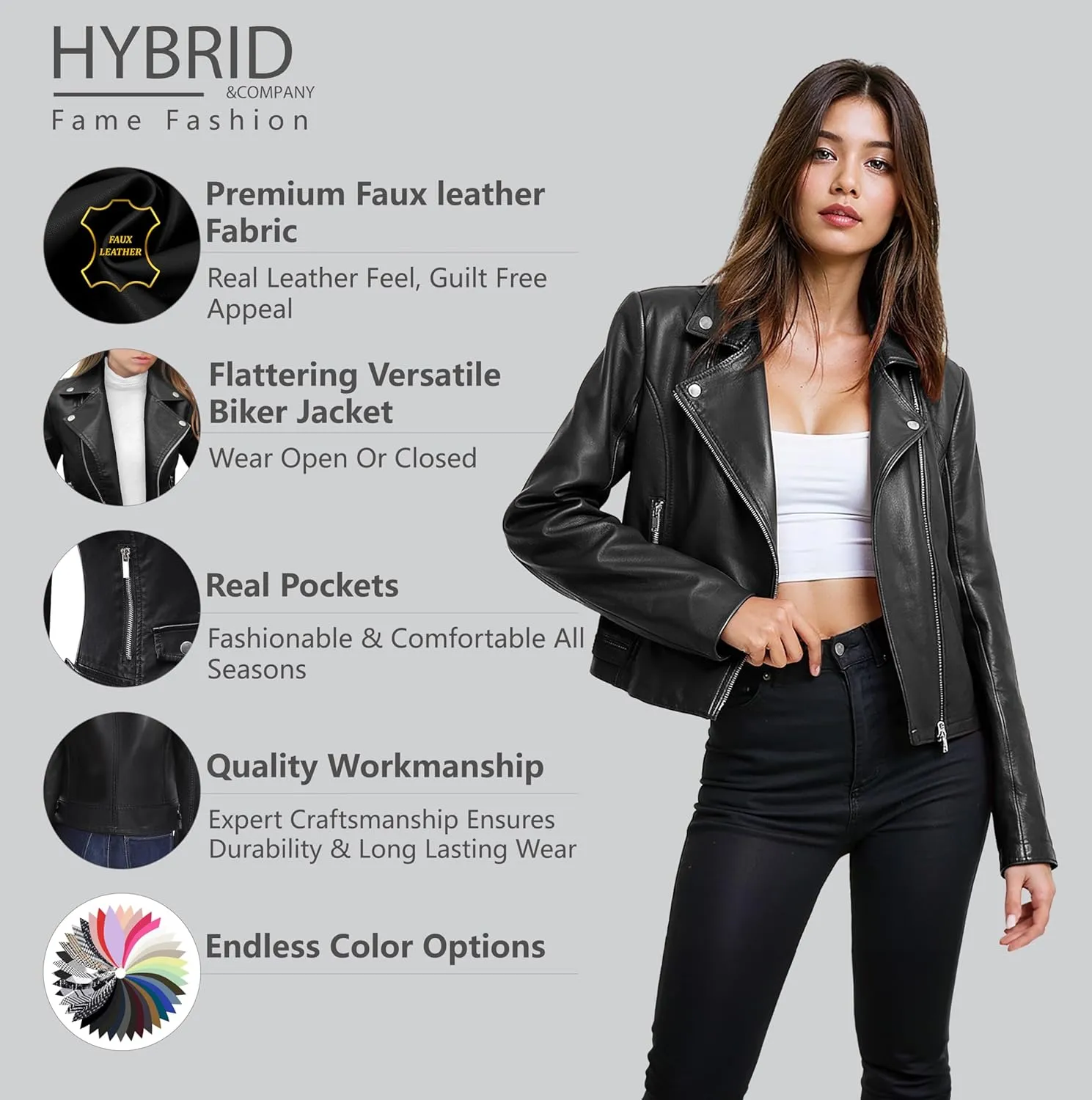 Olivia Miller Women's Faux Leather Moto Biker Jacket Long Sleeve Zip Jacket