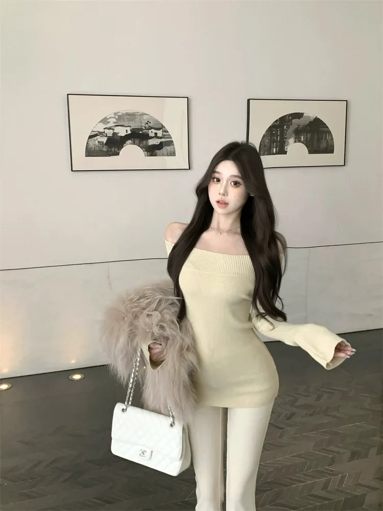 One-shoulder long-sleeved knitwear top