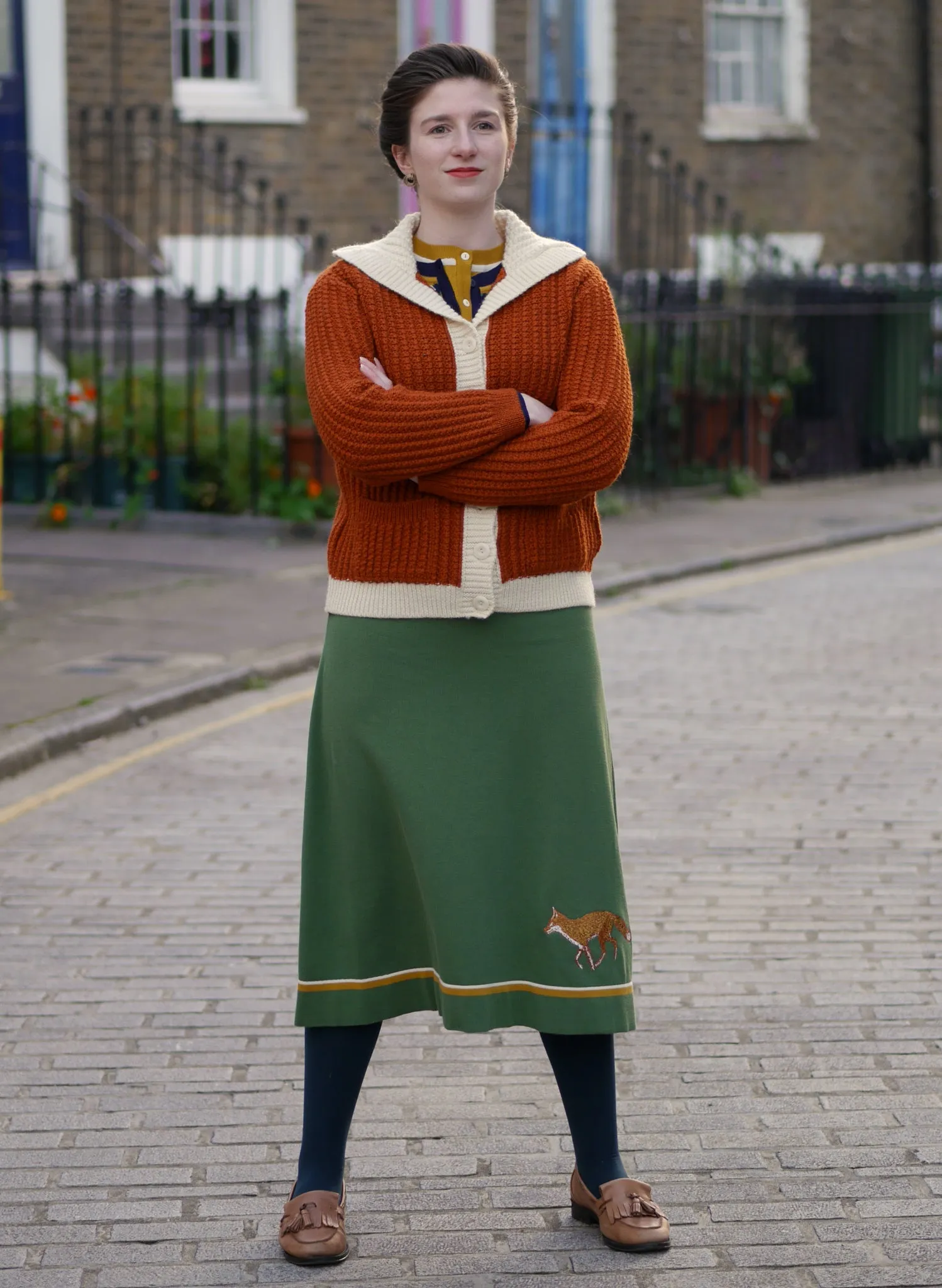 Otti 2-Piece - Green Embroidered Fox Knitted Top and Skirt