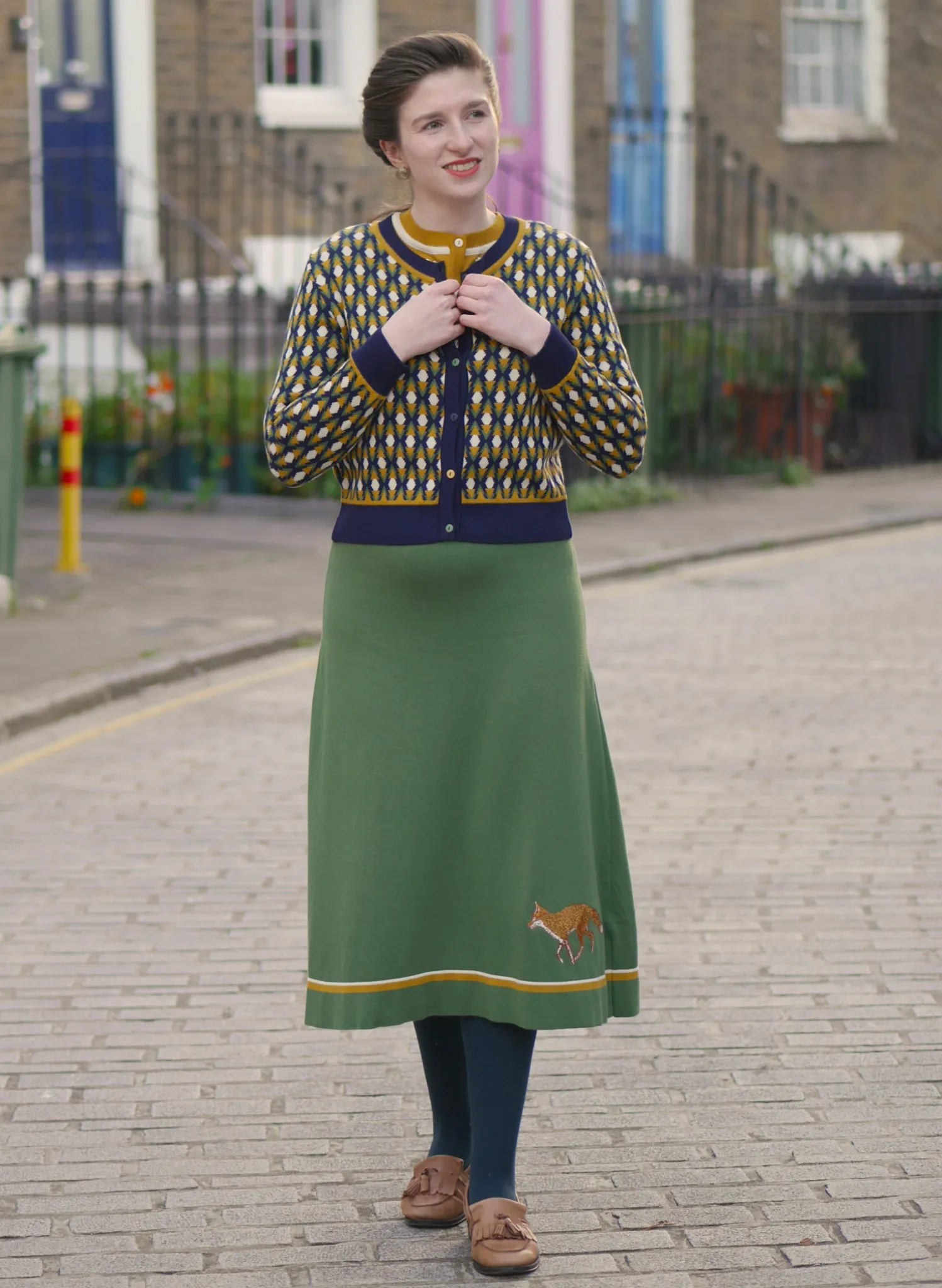 Otti 2-Piece - Green Embroidered Fox Knitted Top and Skirt