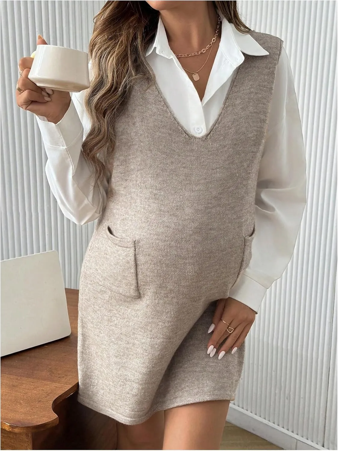 OYOANGLE Women's Maternity V Neck Sleeveless Sweater Dress Solid Knit Vest Dresses with Pocket