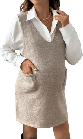 OYOANGLE Women's Maternity V Neck Sleeveless Sweater Dress Solid Knit Vest Dresses with Pocket