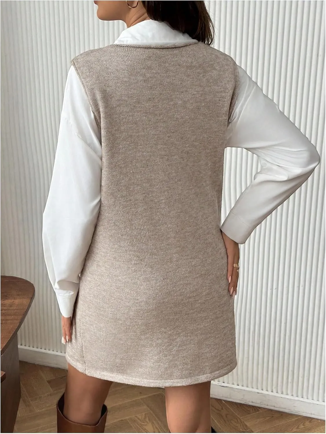 OYOANGLE Women's Maternity V Neck Sleeveless Sweater Dress Solid Knit Vest Dresses with Pocket
