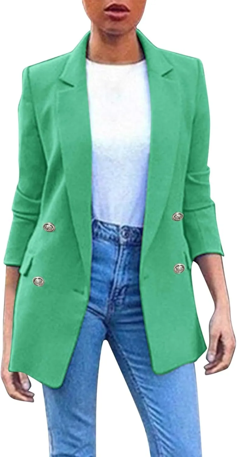 PeQAQ Womens Casual Blazer Jacket with Pockets Long Sleeve Open Front Long Work Suit Jackets Office Blazer Lapel Button Coats
