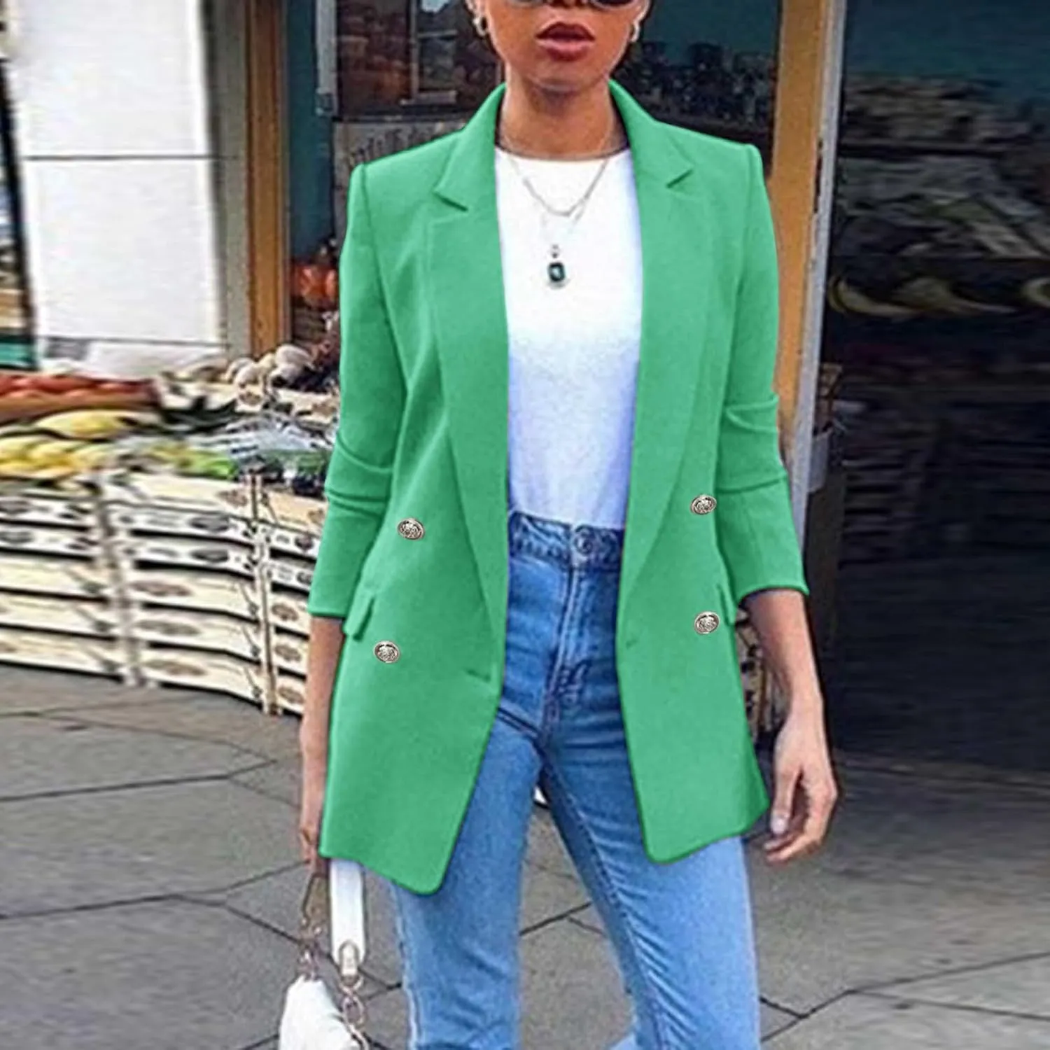 PeQAQ Womens Casual Blazer Jacket with Pockets Long Sleeve Open Front Long Work Suit Jackets Office Blazer Lapel Button Coats