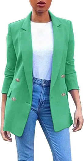 PeQAQ Womens Casual Blazer Jacket with Pockets Long Sleeve Open Front Long Work Suit Jackets Office Blazer Lapel Button Coats